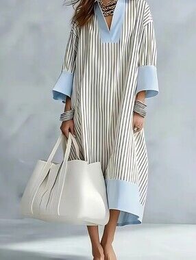 Women's New Striped Mid-Sleeve Dress, Color-Block Loose Long Dress